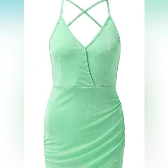 Women Sexy Dress Club Night Satin Slip Deep V Neck Ruched Bodycon  Sleeveless - Picture 9 of 9